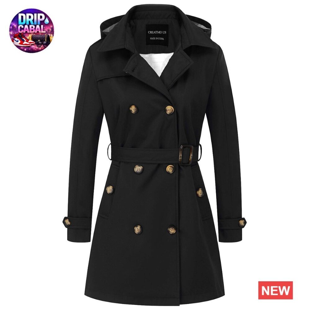 Classic Double-Breasted Trench Coat Belted Slim Fit Detachable Hood Elegant